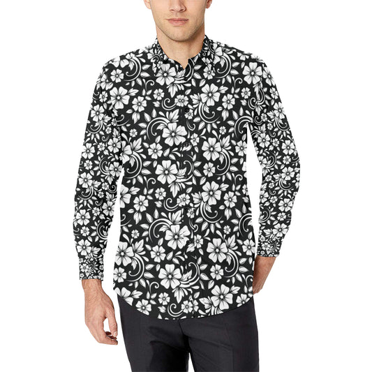 Floral Black White Themed Print Men's Long Sleeve Shirt