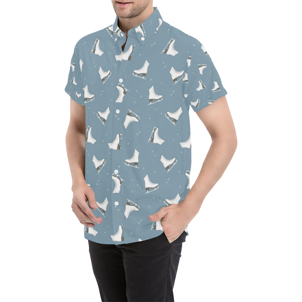 Ice Skate Pattern Print Design 02 Men's Short Sleeve Button Up Shirt
