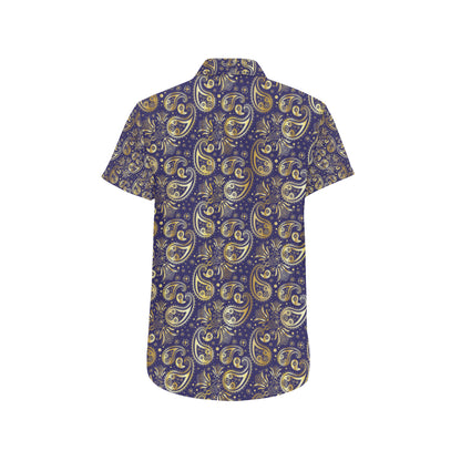 Paisley Blue Yellow Design Print Men's Short Sleeve Button Up Shirt
