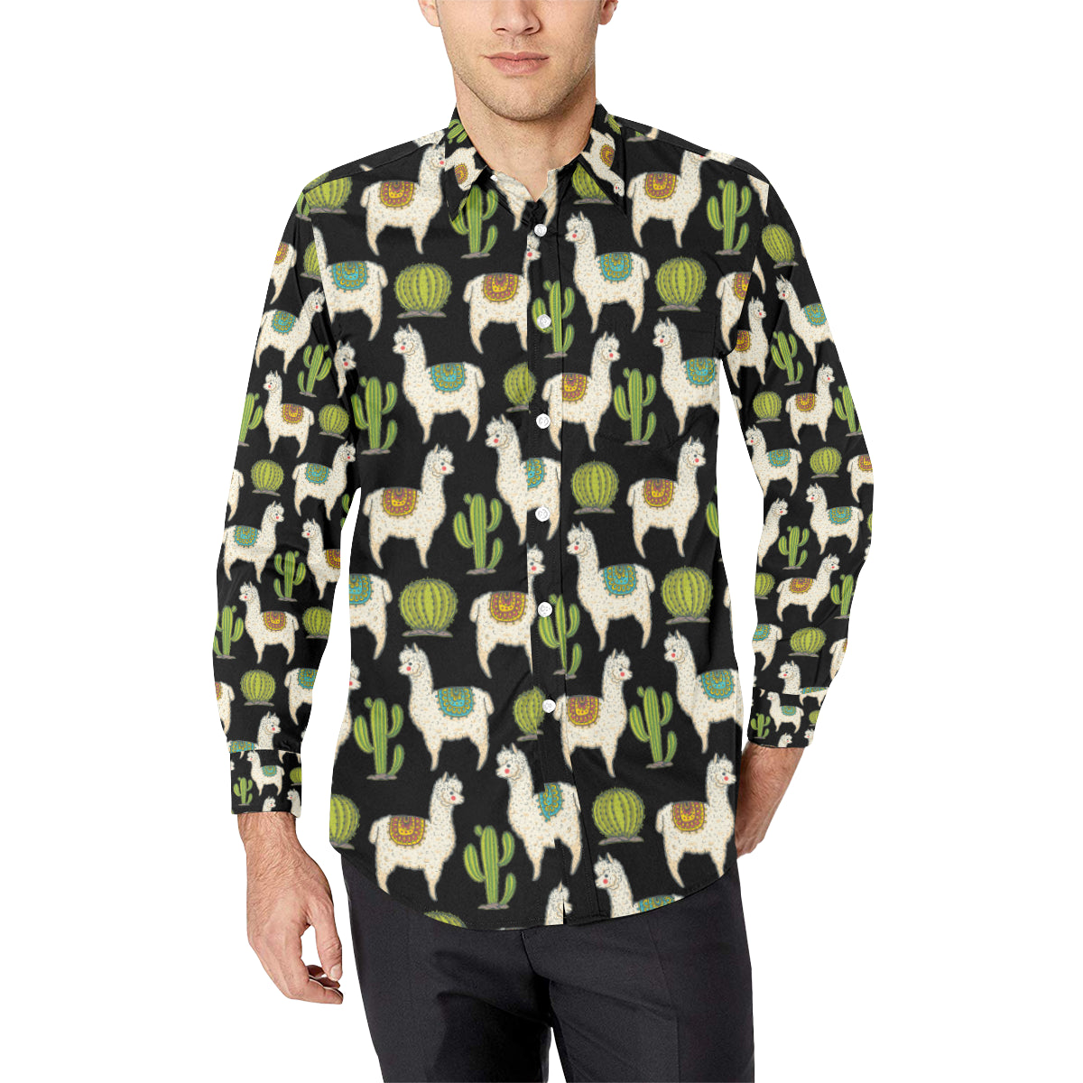 Alpaca Cactus Pattern Print Design 07 Men's Long Sleeve Shirt