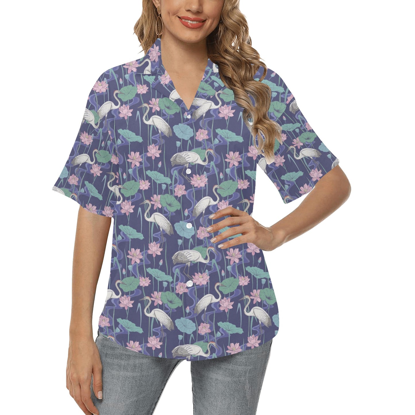 Water Lily Print Design LKS306 Women's Hawaiian Shirt