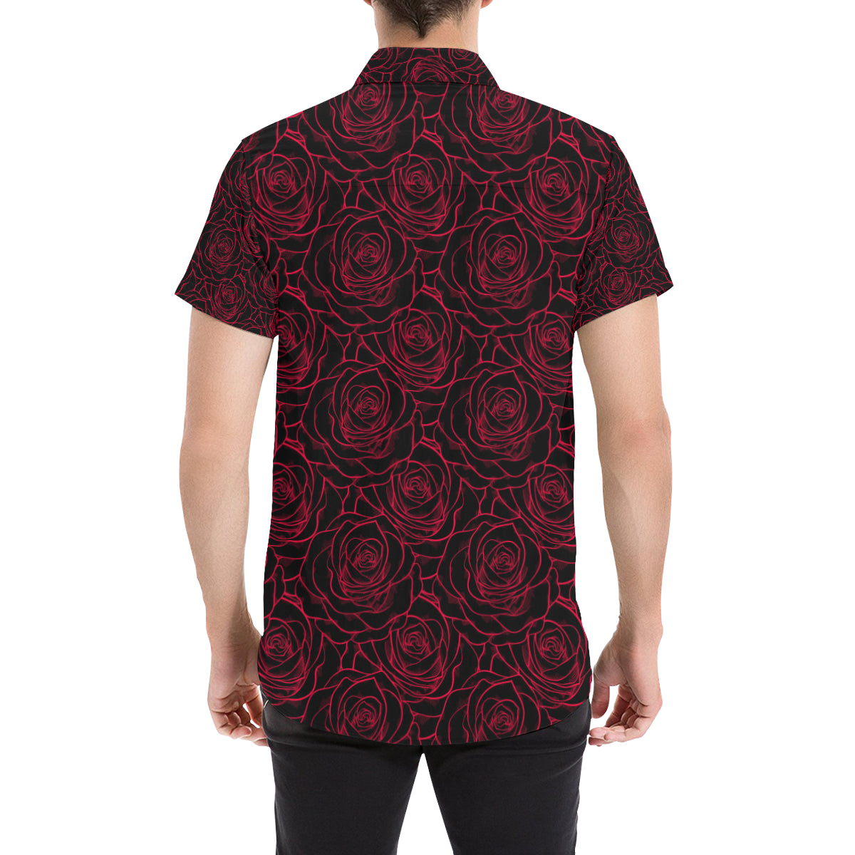 Red Rose Design Print Men's Short Sleeve Button Up Shirt