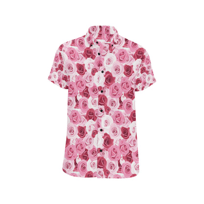Pink Red Rose Pattern Print Men's Short Sleeve Button Up Shirt