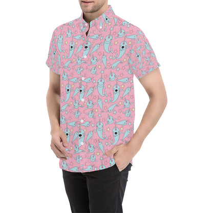 Narwhal Cartoon Cute Print Men's Short Sleeve Button Up Shirt