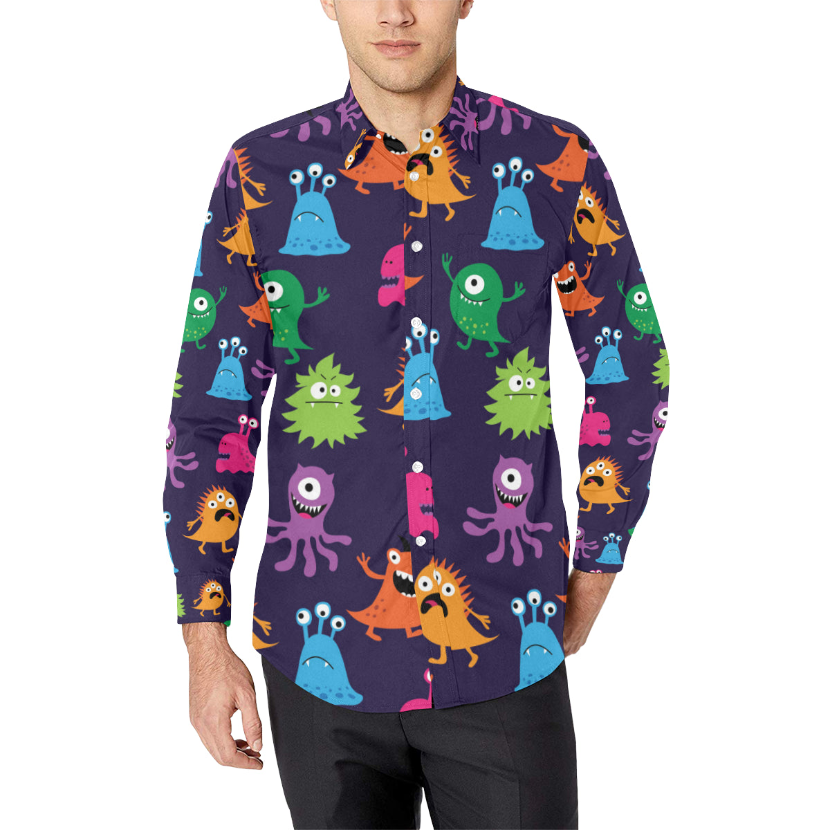 Monster Cartoon Pattern Print Design 02 Men's Long Sleeve Shirt