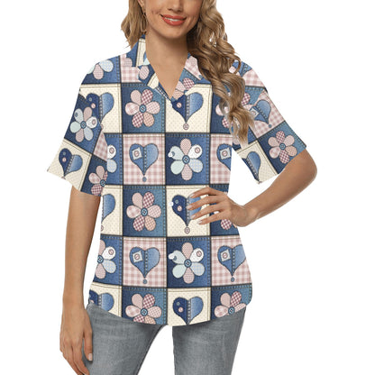Patchwork Heart Flower Pattern Print Design 01 Women's Hawaiian Shirt