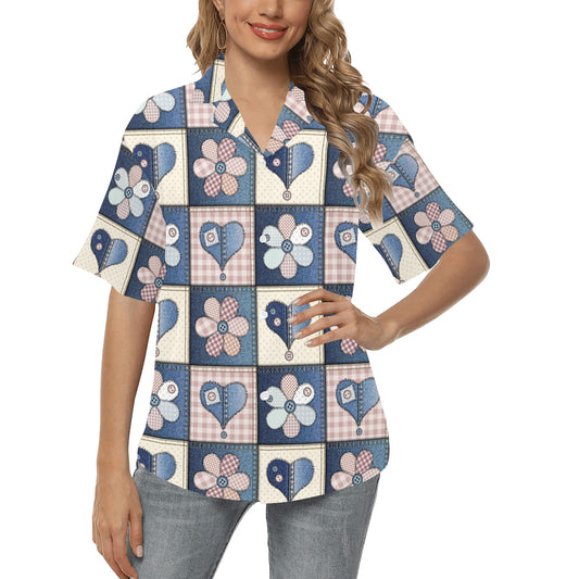 Patchwork Heart Flower Pattern Print Design 01 Women's Hawaiian Shirt