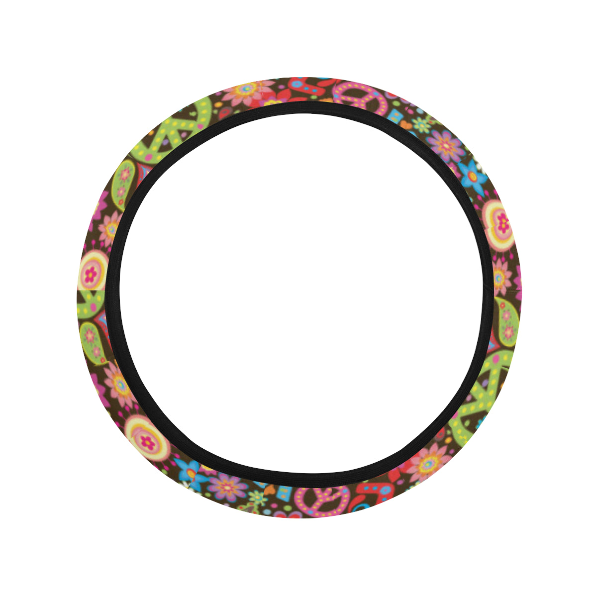 Flower Power Peace Paisley Themed Print Steering Wheel Cover with Elastic Edge