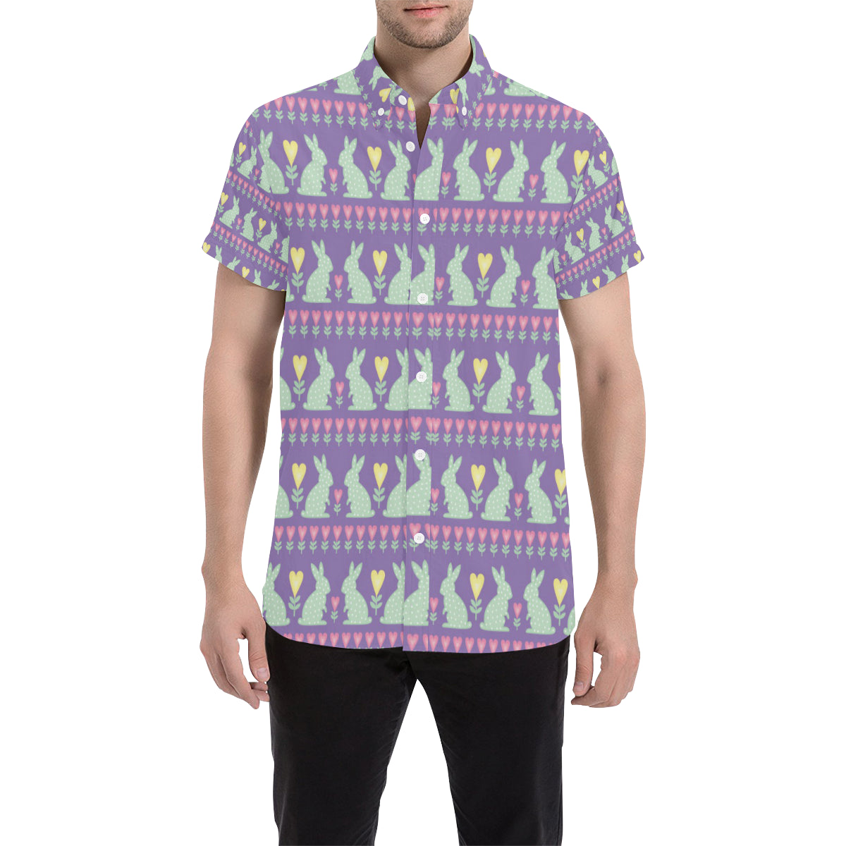 Rabbit Pattern Print Design RB01 Men's Short Sleeve Button Up Shirt