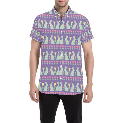 Rabbit Pattern Print Design RB01 Men's Short Sleeve Button Up Shirt