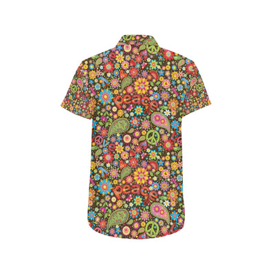 Flower Power Peace Paisley Themed Print Men's Short Sleeve Button Up Shirt