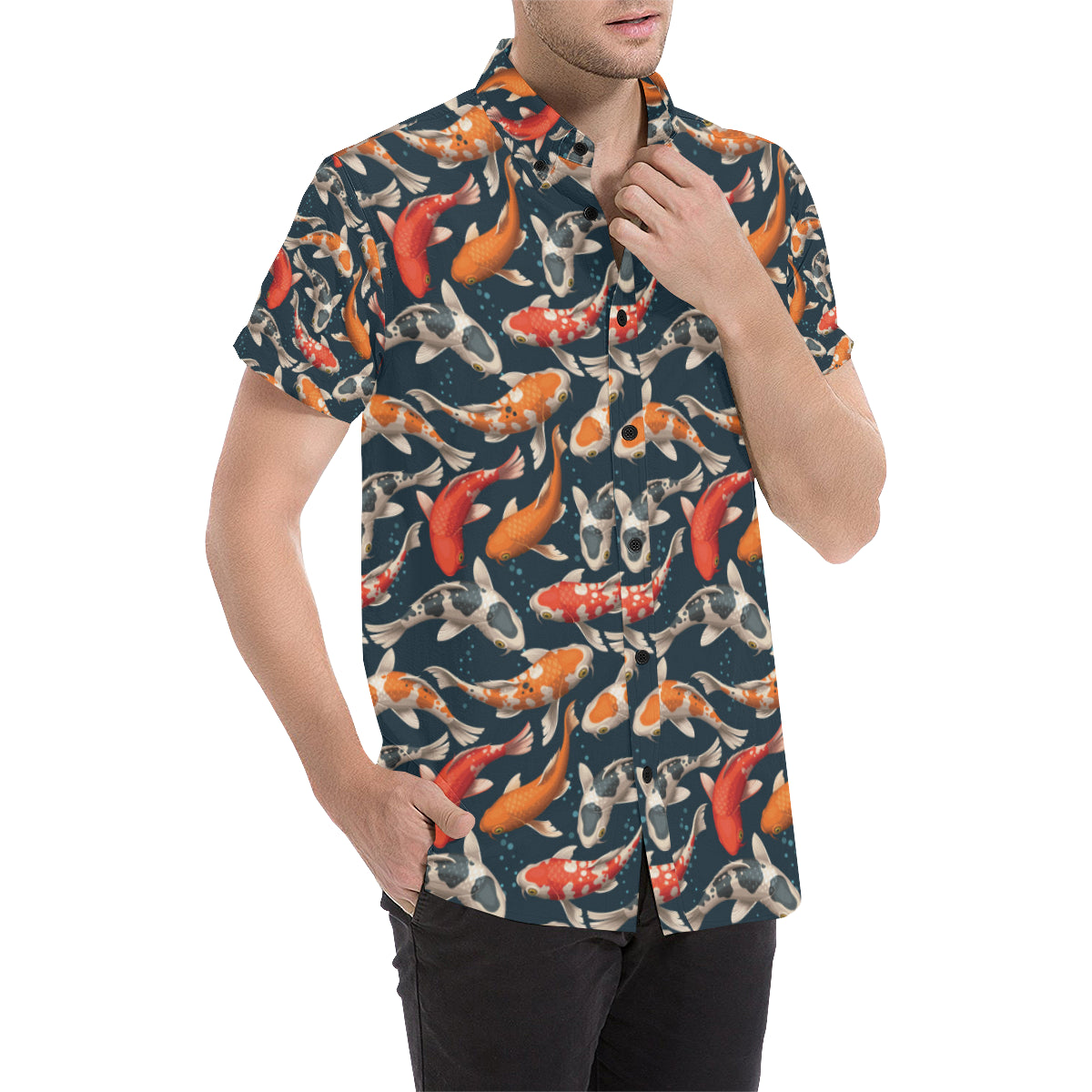 Koi Carp Cute Design Themed Print Men's Short Sleeve Button Up Shirt