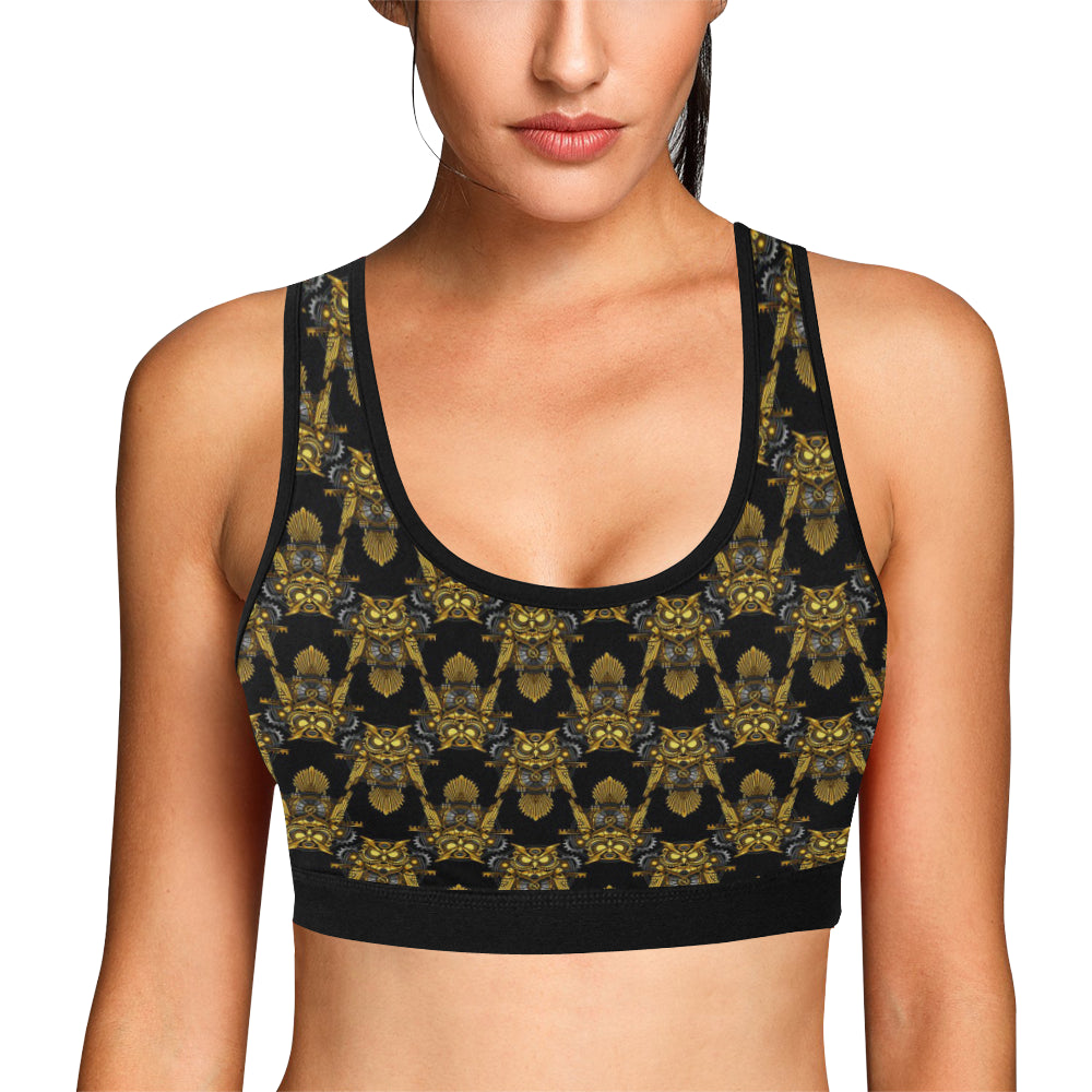 Steampunk Gold Owl Design Themed Print Sports Bra