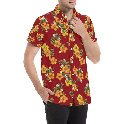 Orange Hibiscus Pattern Print Design HB026 Men's Short Sleeve Button Up Shirt