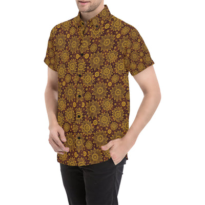 Gold Sunflower Hand Drawn Print Men's Short Sleeve Button Up Shirt