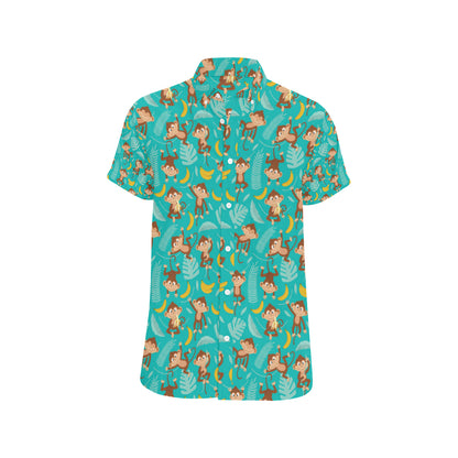 Monkey Happy Design Themed Print Men's Short Sleeve Button Up Shirt