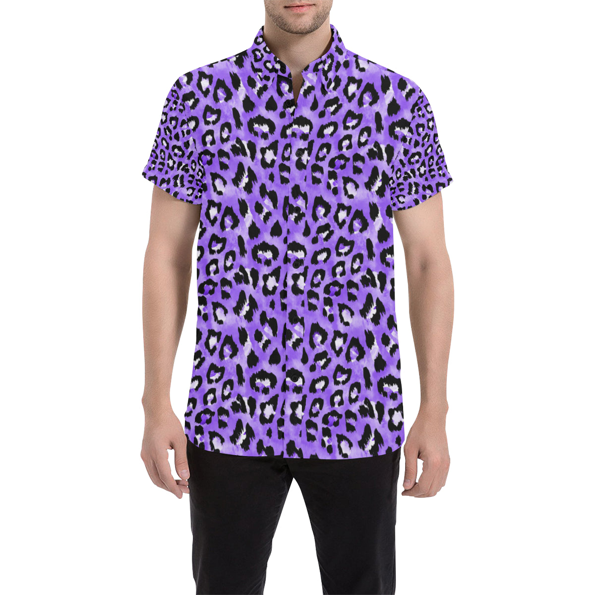 Leopard Purple Skin Print Men's Short Sleeve Button Up Shirt