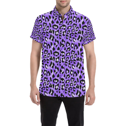 Leopard Purple Skin Print Men's Short Sleeve Button Up Shirt