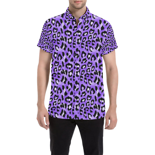 Leopard Purple Skin Print Men's Short Sleeve Button Up Shirt