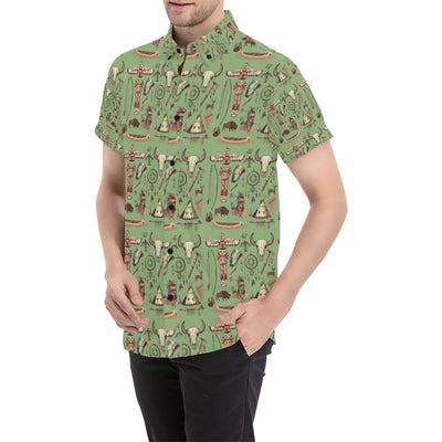 Native Indian Themed Design Print Men's Short Sleeve Button Up Shirt