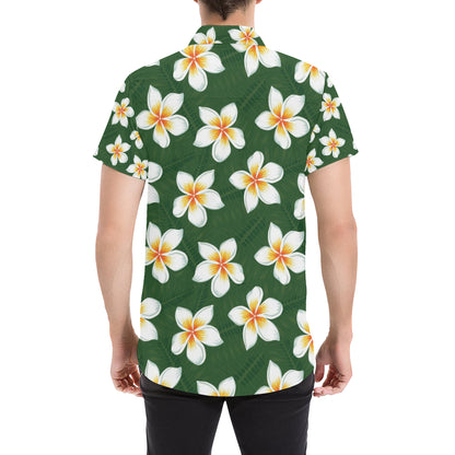 White Plumeria Pattern Print Design PM020 Men's Short Sleeve Button Up Shirt
