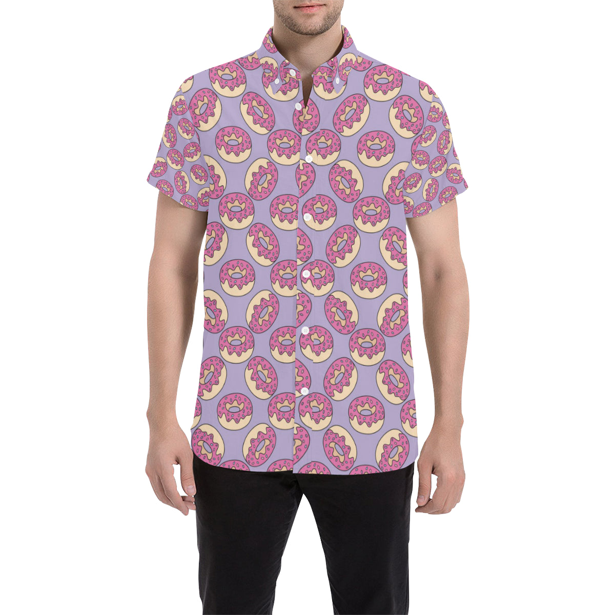Donut Pattern Print Design DN015 Men's Short Sleeve Button Up Shirt