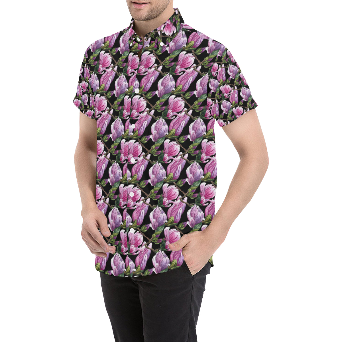 Magnolia Pattern Print Design MAG011 Men's Short Sleeve Button Up Shirt
