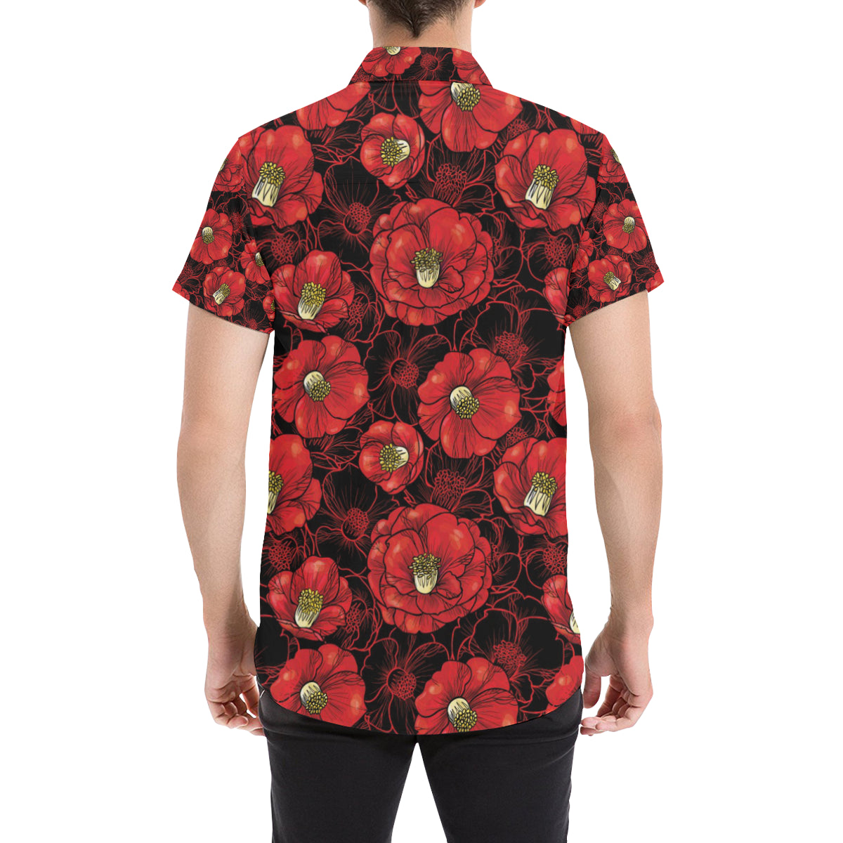 Camellia Pattern Print Design CM06 Men's Short Sleeve Button Up Shirt