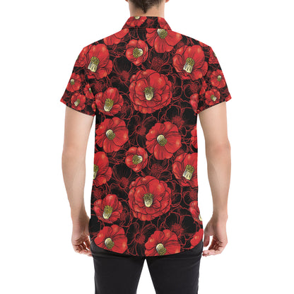 Camellia Pattern Print Design CM06 Men's Short Sleeve Button Up Shirt