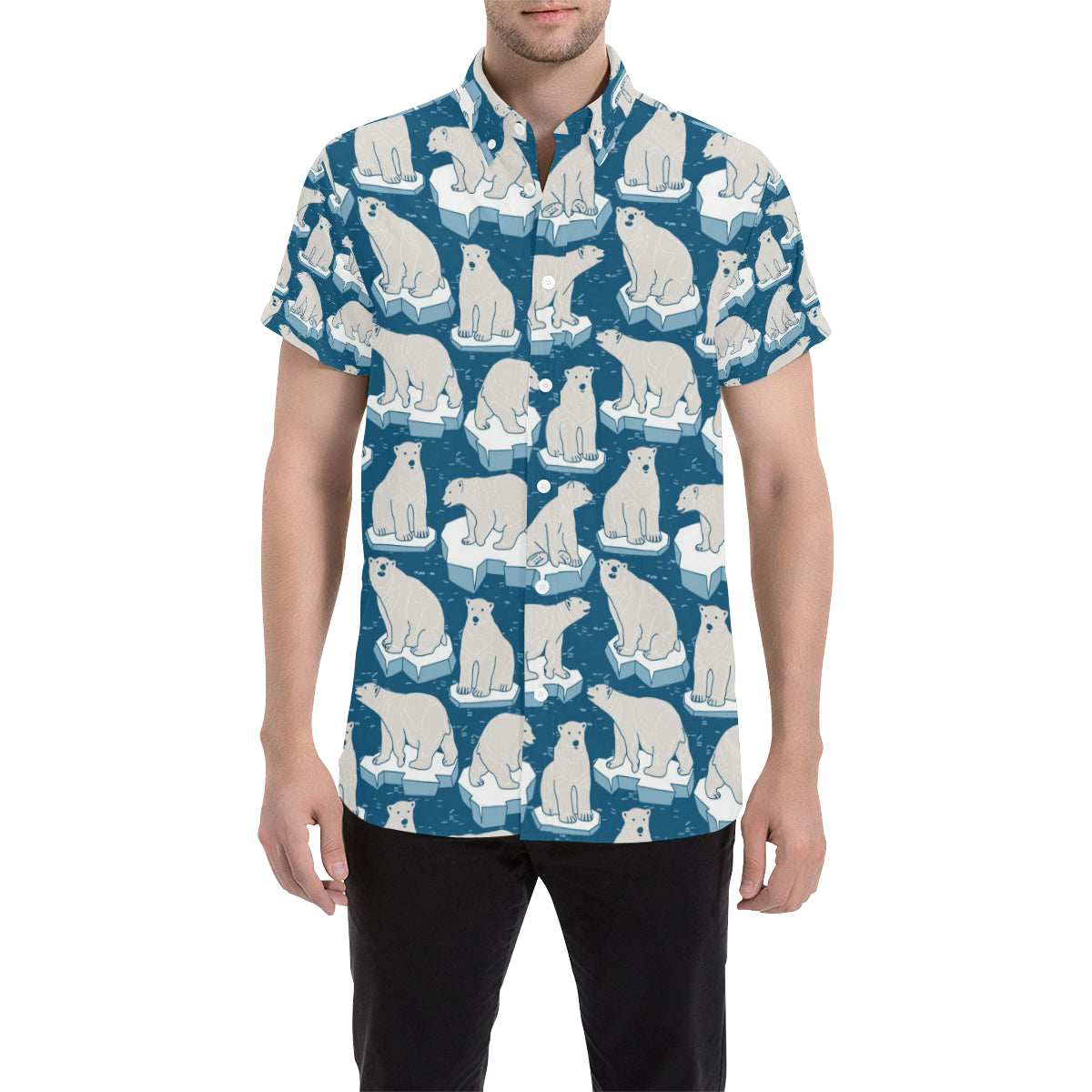 Polar Bear Pattern Print Design PB03 Men's Short Sleeve Button Up Shirt