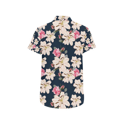 Lily Pattern Print Design LY04 Men's Short Sleeve Button Up Shirt