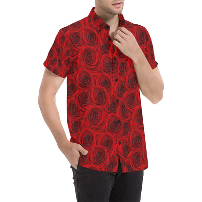 Rose Red Pattern Print Design RO04 Men's Short Sleeve Button Up Shirt