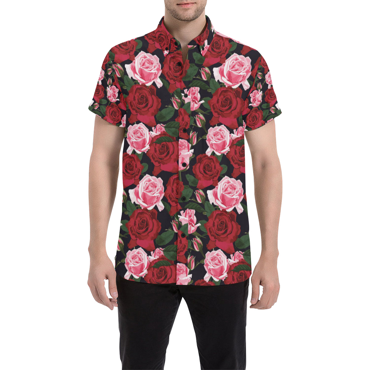 Rose Red Pink Pattern Print Design RO01 Men's Short Sleeve Button Up Shirt