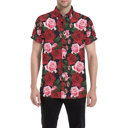 Rose Red Pink Pattern Print Design RO01 Men's Short Sleeve Button Up Shirt