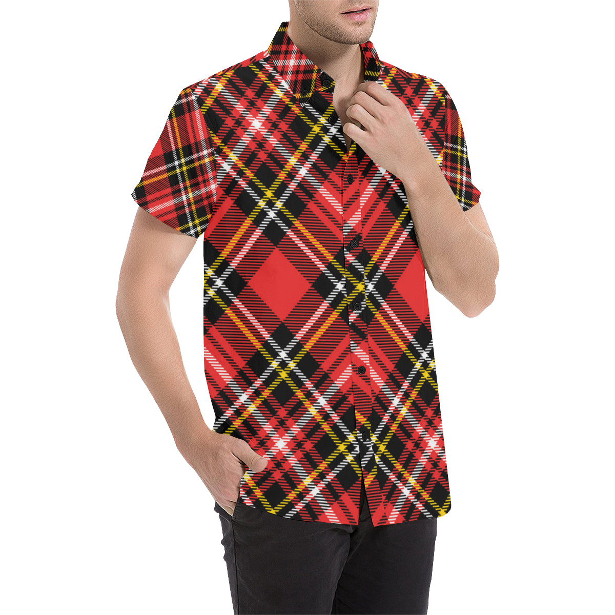 Plaid Red Pattern Print Design A03 Men's Short Sleeve Button Up Shirt