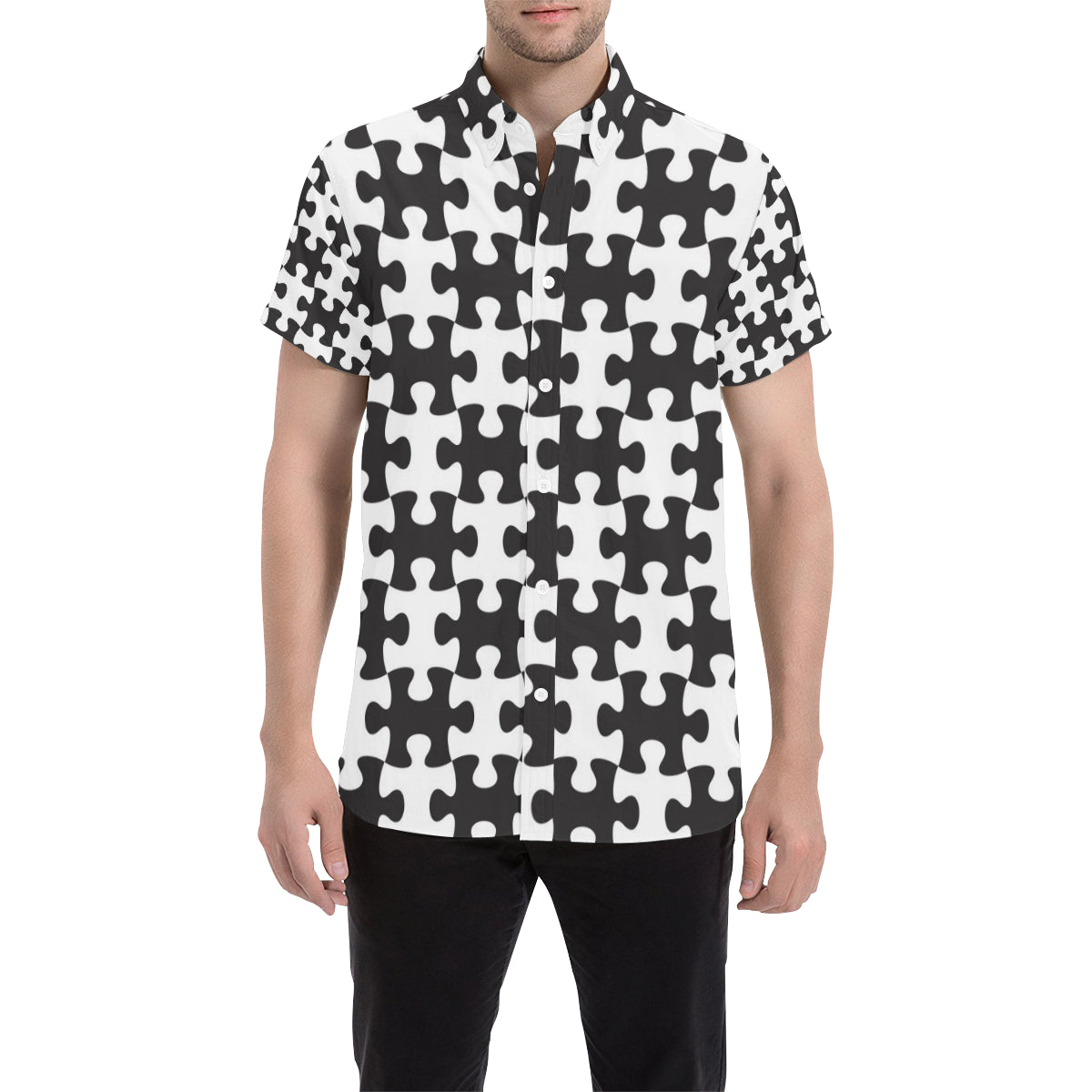 Puzzle Black White Pattern Print Design A02 Men's Short Sleeve Button Up Shirt