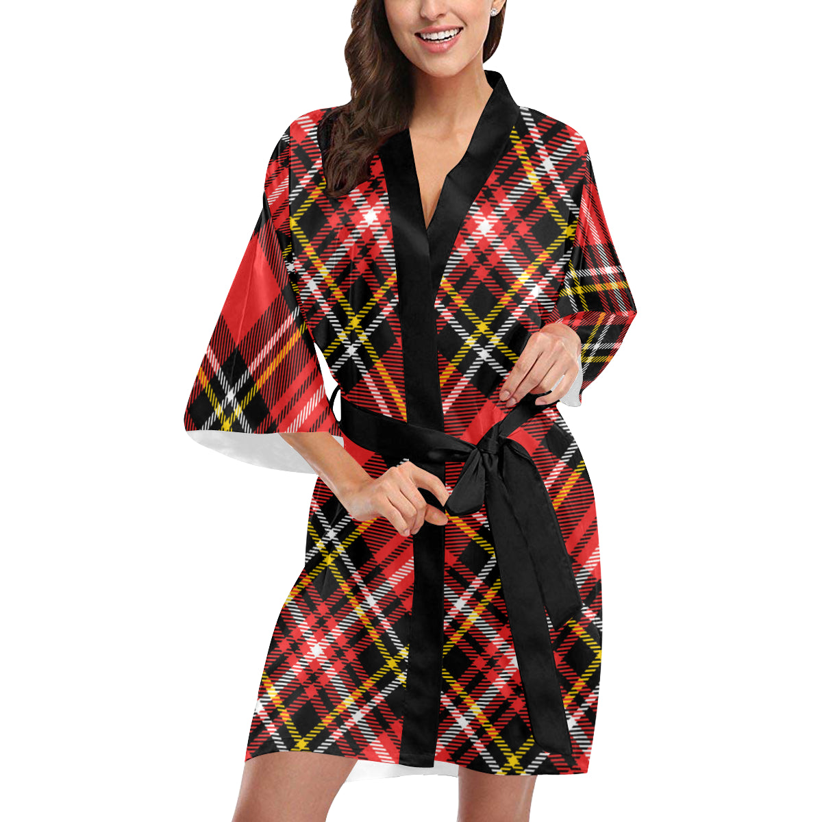 Plaid Red Pattern Print Design A03 Women's Short Kimono