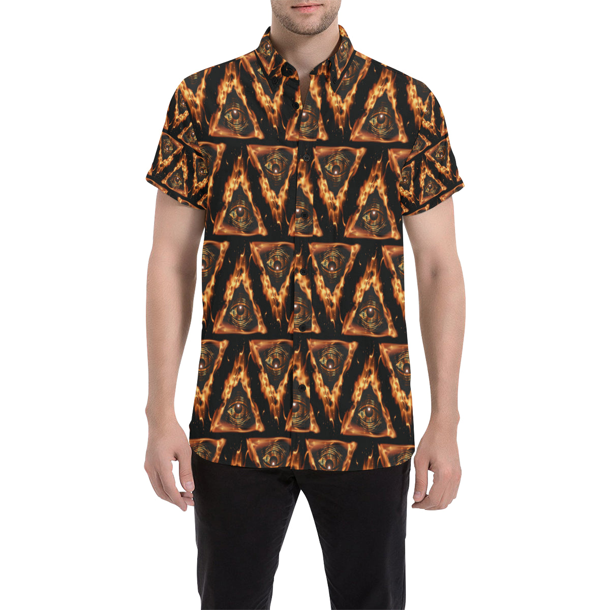 Eye of Horus in Flame Print Men's Short Sleeve Button Up Shirt