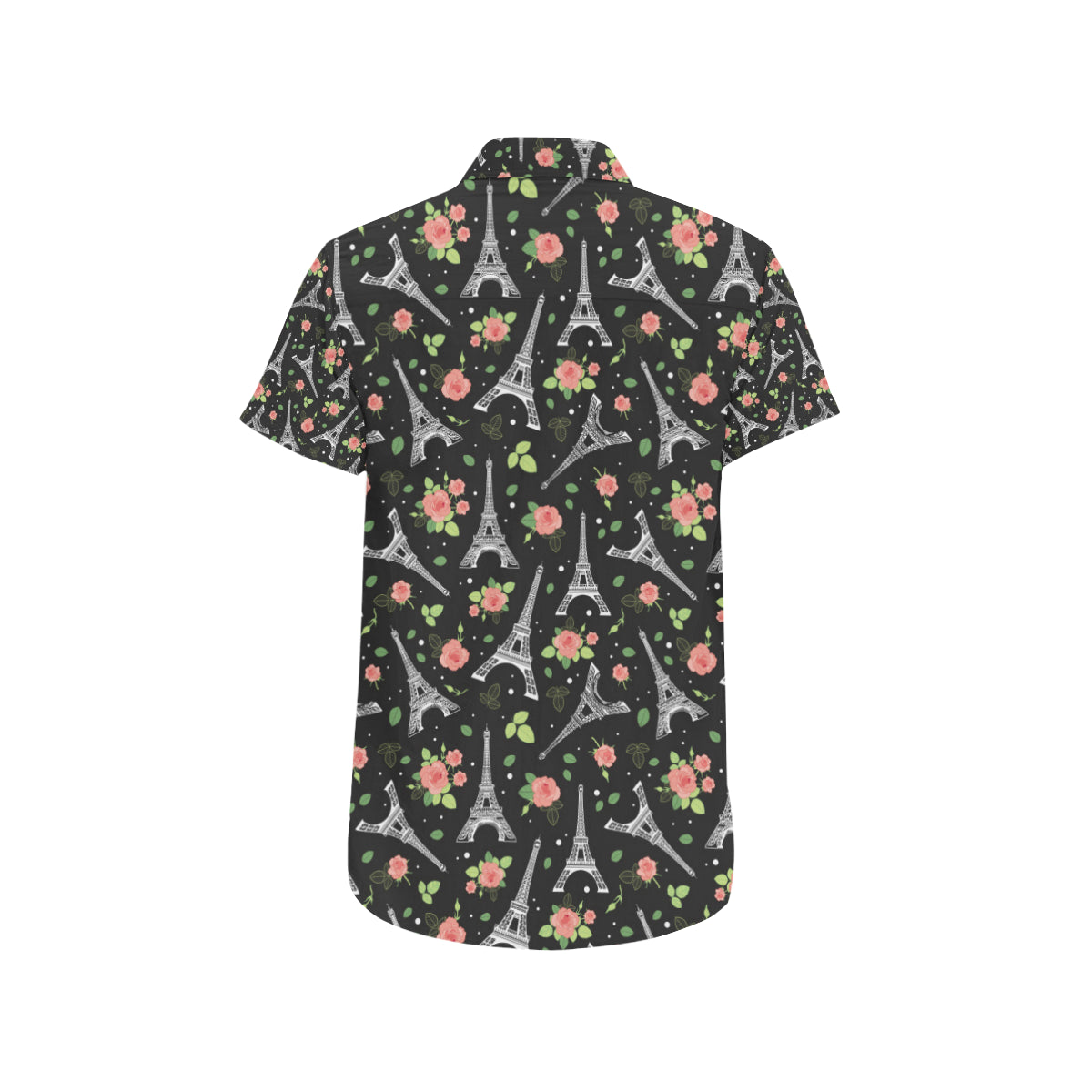 Eiffel Tower Rose Print Men's Short Sleeve Button Up Shirt