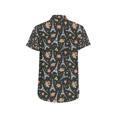 Eiffel Tower Rose Print Men's Short Sleeve Button Up Shirt