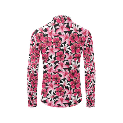 Flower Hawaiian Pink Red  Hibiscus Print Men's Long Sleeve Shirt