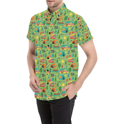 Camping Camper Pattern Print Design 04 Men's Short Sleeve Button Up Shirt