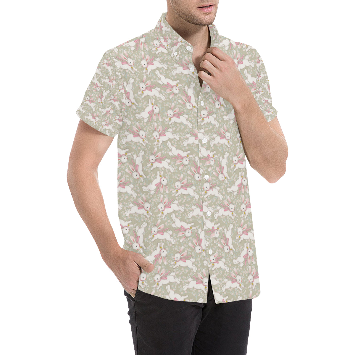 Bunny Pattern Print Design 06 Men's Short Sleeve Button Up Shirt