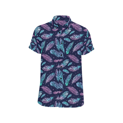 Feather Aztec Design Print Men's Short Sleeve Button Up Shirt