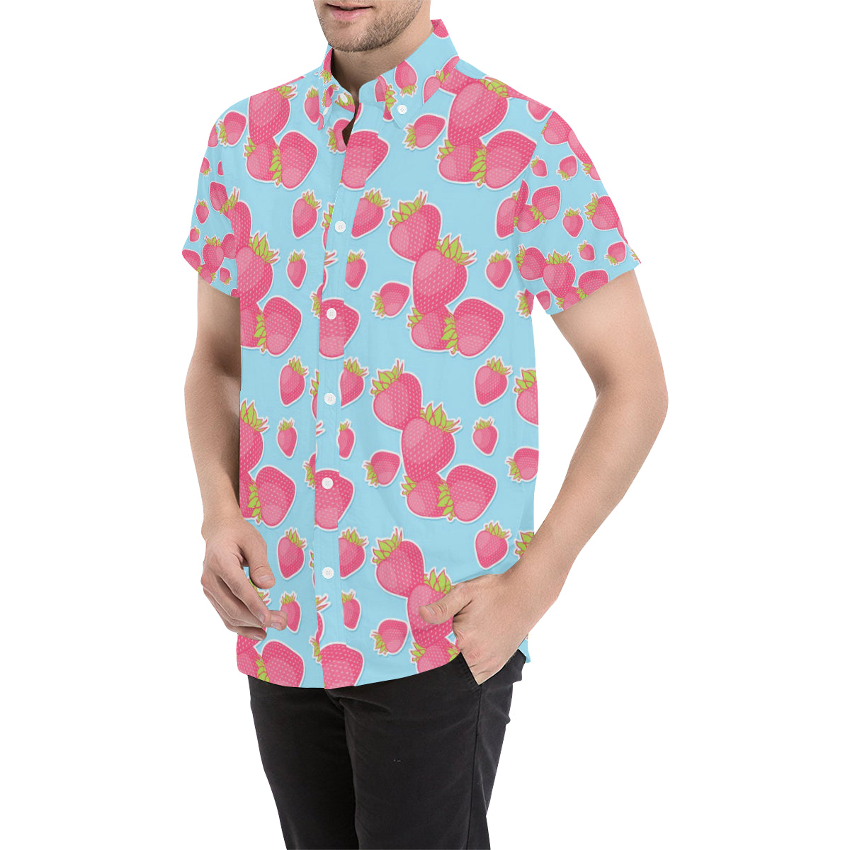 Strawberry Pattern Print Design SB04 Men's Short Sleeve Button Up Shirt