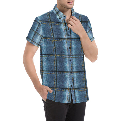 Jean Patchwork Pattern Print Design 02 Men's Short Sleeve Button Up Shirt