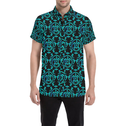 turquoise Tribal Sea Turtle Hawaiian Men's Short Sleeve Button Up Shirt