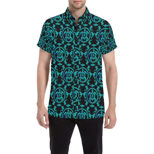 turquoise Tribal Sea Turtle Hawaiian Men's Short Sleeve Button Up Shirt