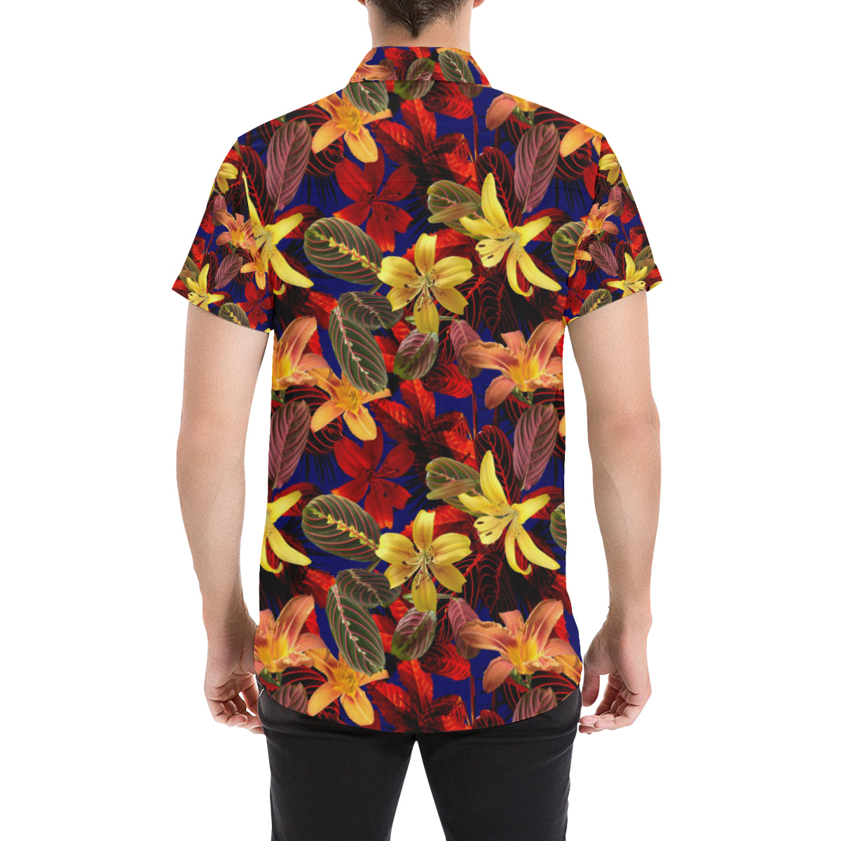 Lily Pattern Print Design LY014 Men's Short Sleeve Button Up Shirt