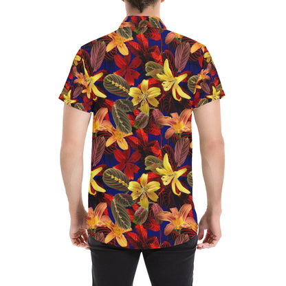 Lily Pattern Print Design LY014 Men's Short Sleeve Button Up Shirt